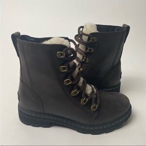 Sorel Lennox Lace Up hiking Boot Shearling fur brown leather 7.5
